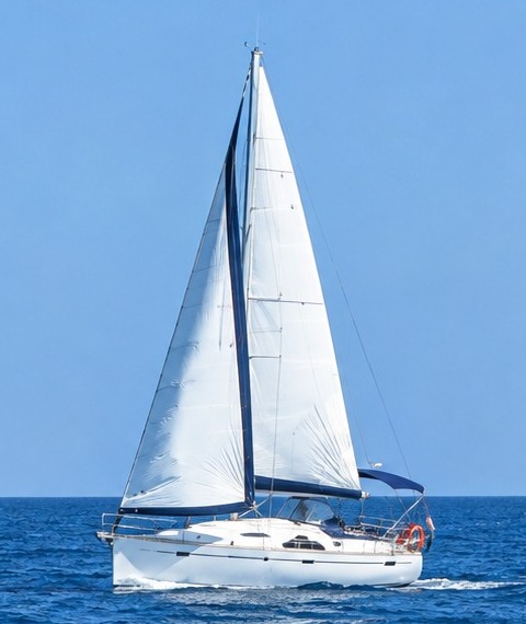 Velero navegando en solitario en el horizonte